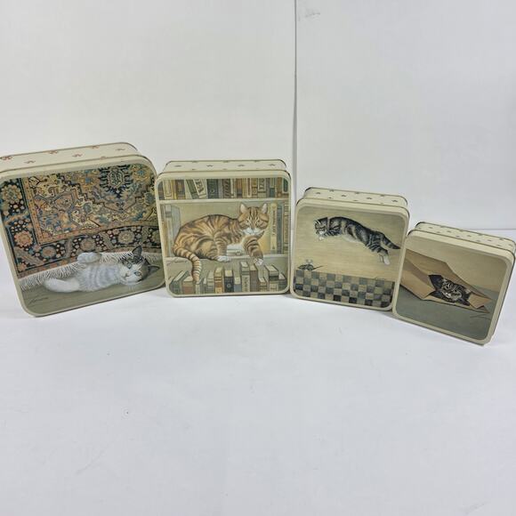Set 4 Vintage 1982 Lowell Herrero Cat-Themed nesting tins made by Vandor Japan - Picture 3 of 14